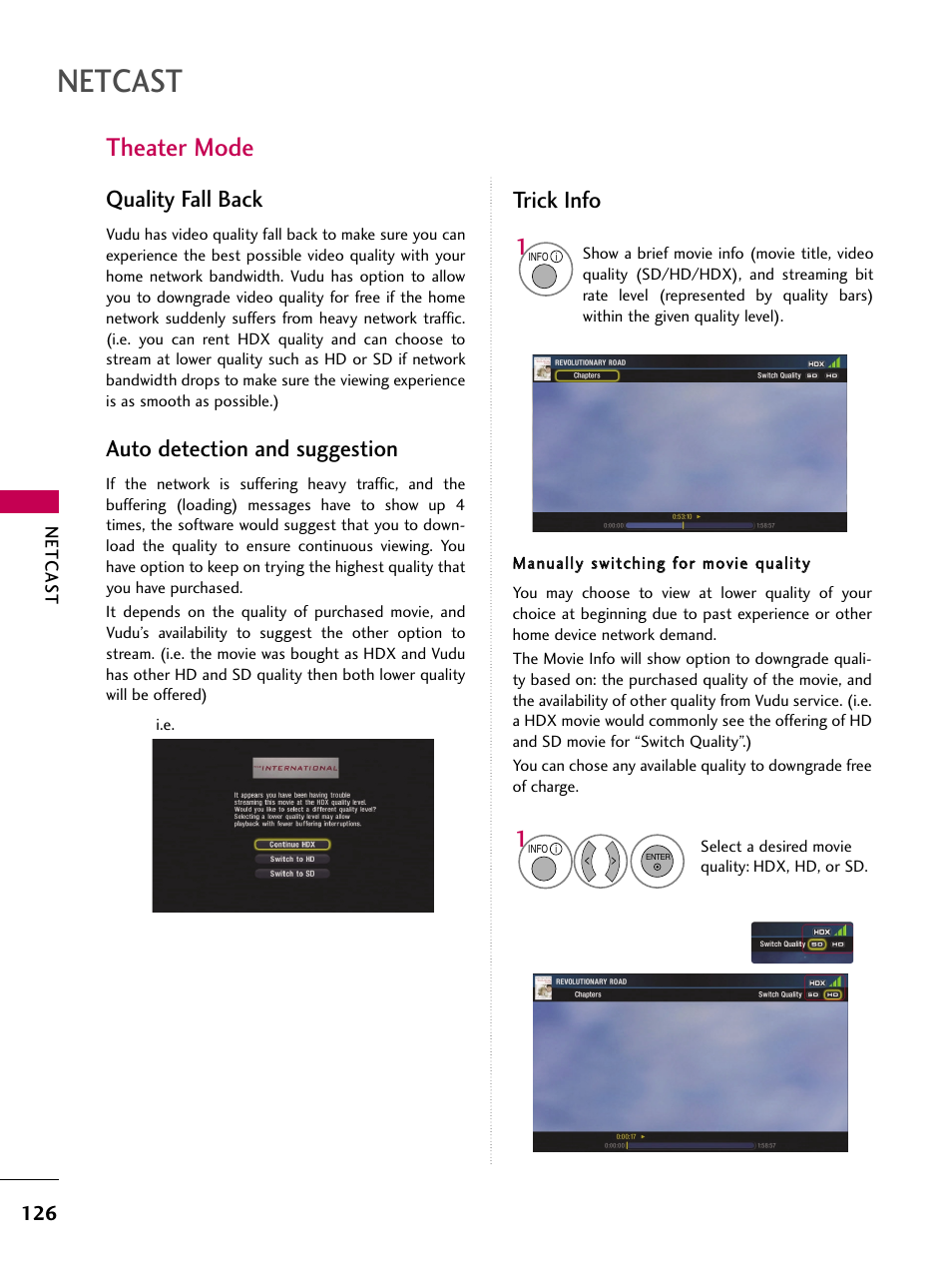 Theater mode, Netcast, Quality fall back | Auto detection and suggestion, Trick info 1 | LG 50PS80 User Manual | Page 127 / 195