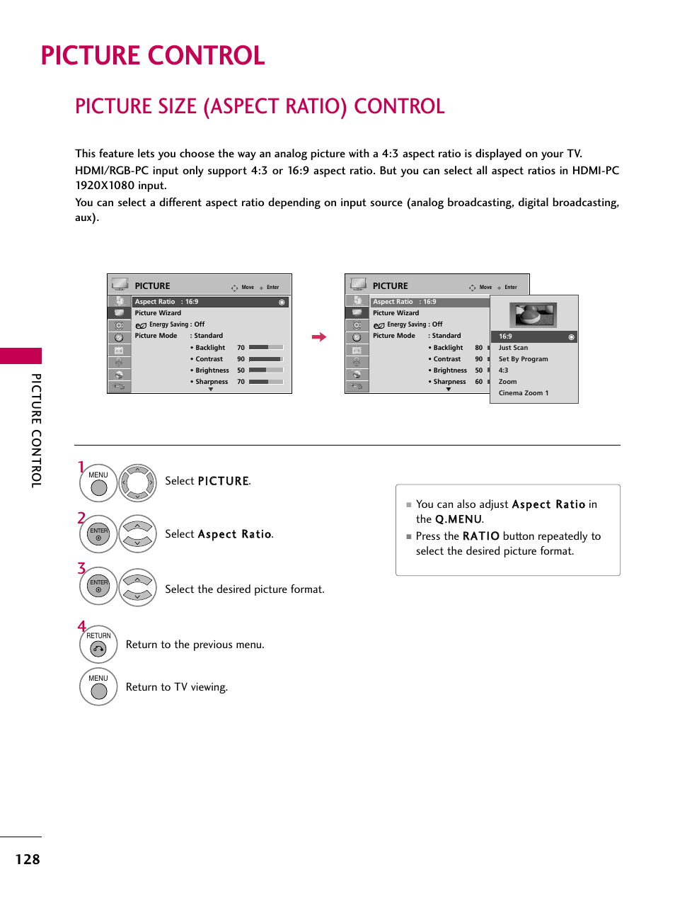 Picture control, Picture size (aspect ratio) control, Picture contr ol | LG 50PS80 User Manual | Page 129 / 195