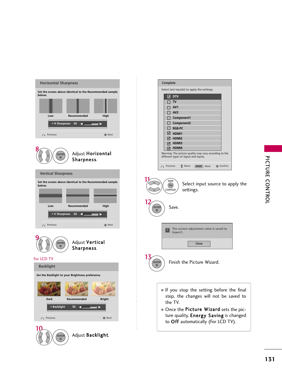 Picture contr ol, Select input source to apply the settings, Adjust b baacckklliigghhtt | Finish the picture wizard, Save | LG 50PS80 User Manual | Page 132 / 195