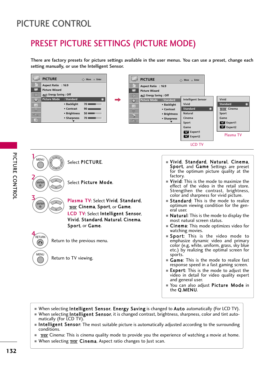 Preset picture settings (picture mode), Picture control, Picture contr ol | LG 50PS80 User Manual | Page 133 / 195