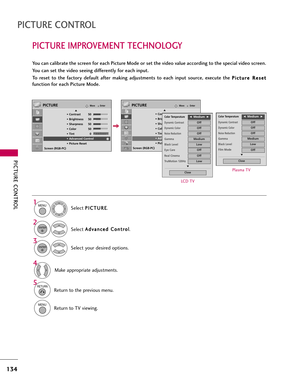 Picture improvement technology, Picture control, Picture contr ol | Return to the previous menu, Return to tv viewing. make appropriate adjustments | LG 50PS80 User Manual | Page 135 / 195