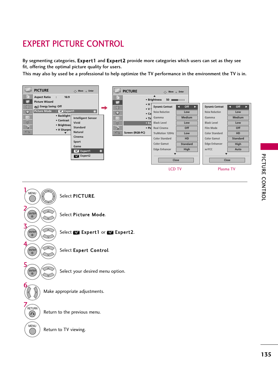 Expert picture control, Picture contr ol, Make appropriate adjustments | Return to the previous menu, Return to tv viewing, Select your desired menu option | LG 50PS80 User Manual | Page 136 / 195