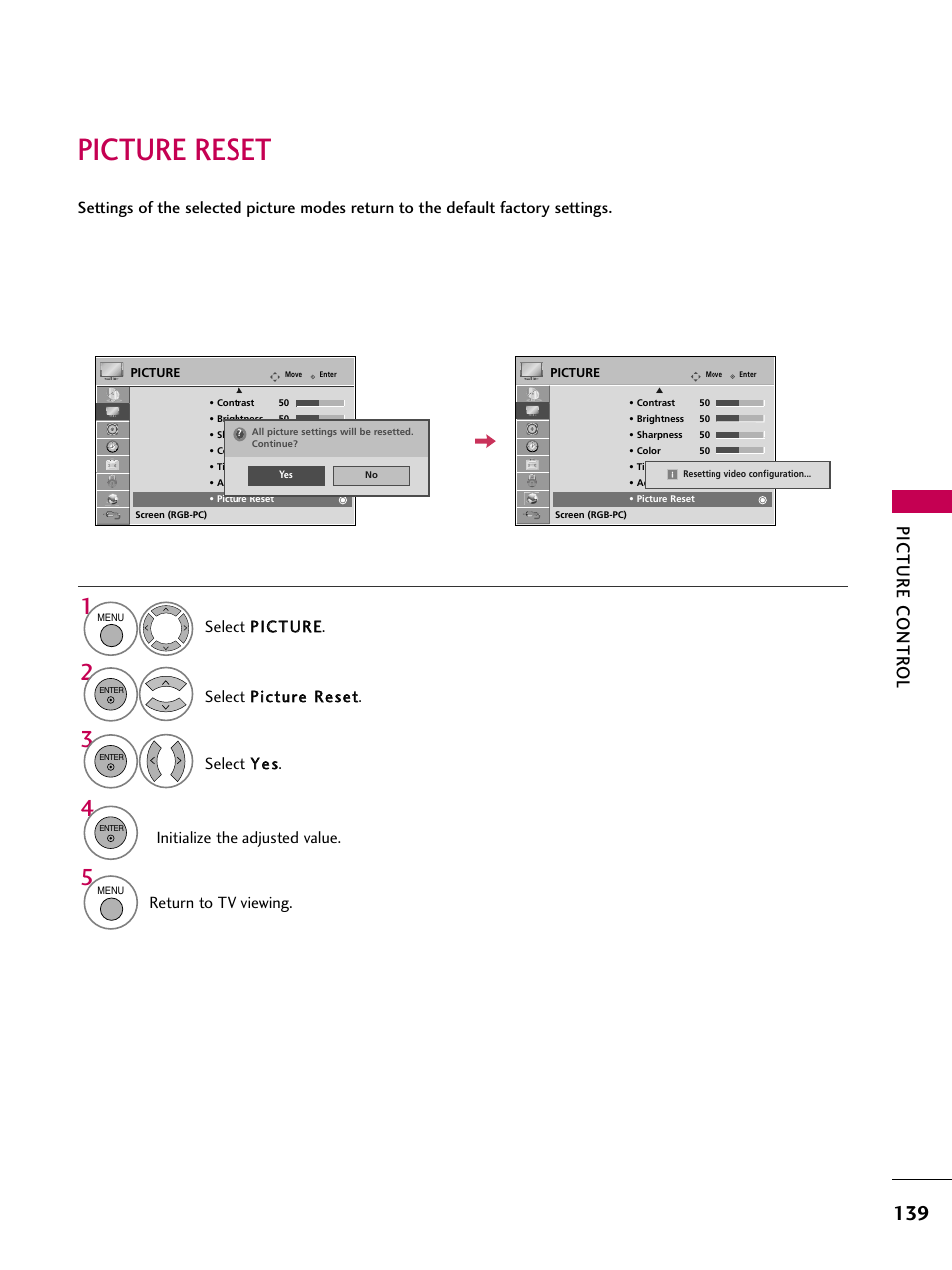 Picture reset, Picture contr ol, Select y y ee ss | Return to tv viewing | LG 50PS80 User Manual | Page 140 / 195