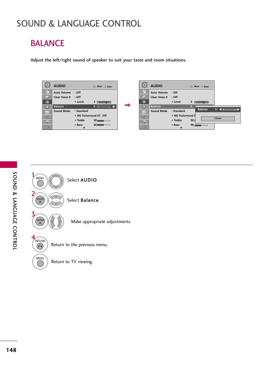 Balance, Sound & language control, Sound & langu a ge contr ol | Return to the previous menu, Return to tv viewing | LG 50PS80 User Manual | Page 149 / 195