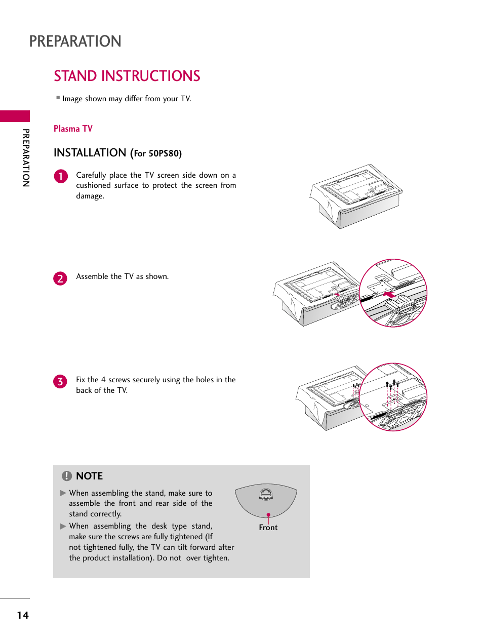 Stand instructions (plasma tv), Preparation, Stand instructions | Installation | LG 50PS80 User Manual | Page 15 / 195