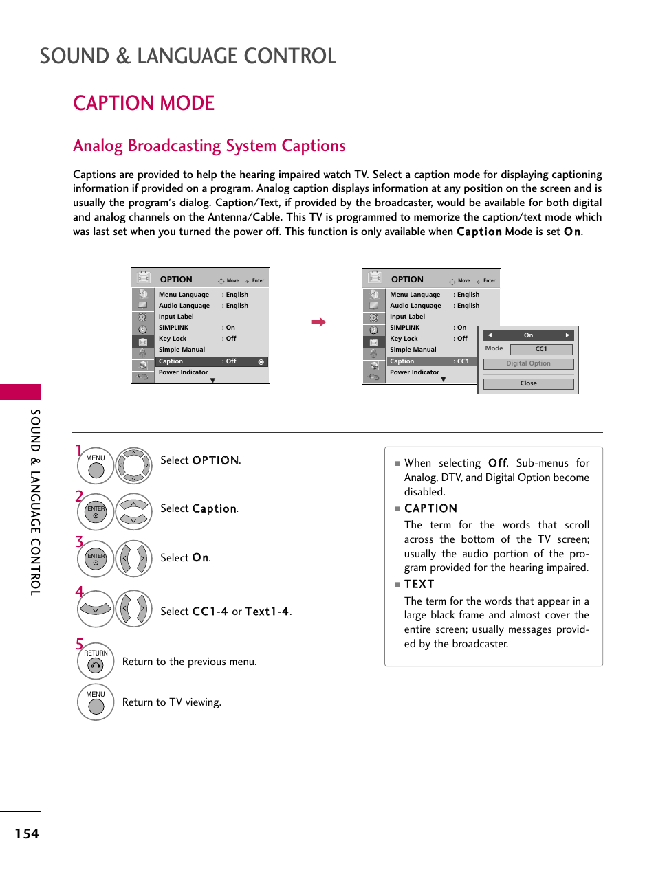 Caption mode, Analog broadcasting system captions, Sound & language control | Sound & langu a ge contr ol | LG 50PS80 User Manual | Page 155 / 195