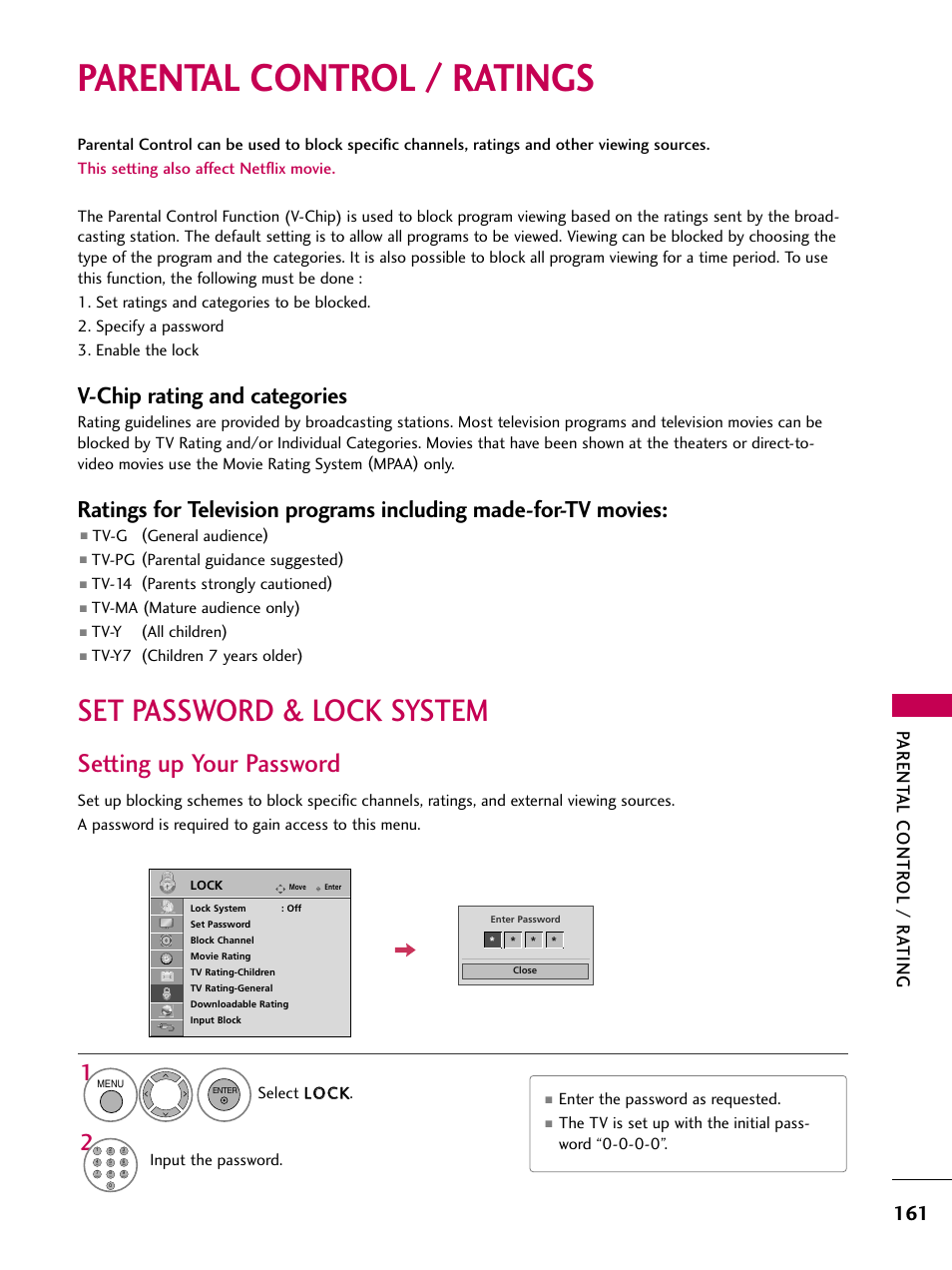 Parental control / ratings, Set password & lock system, Setting up your password | V-chip rating and categories, Parent al contr ol / r ating | LG 50PS80 User Manual | Page 162 / 195
