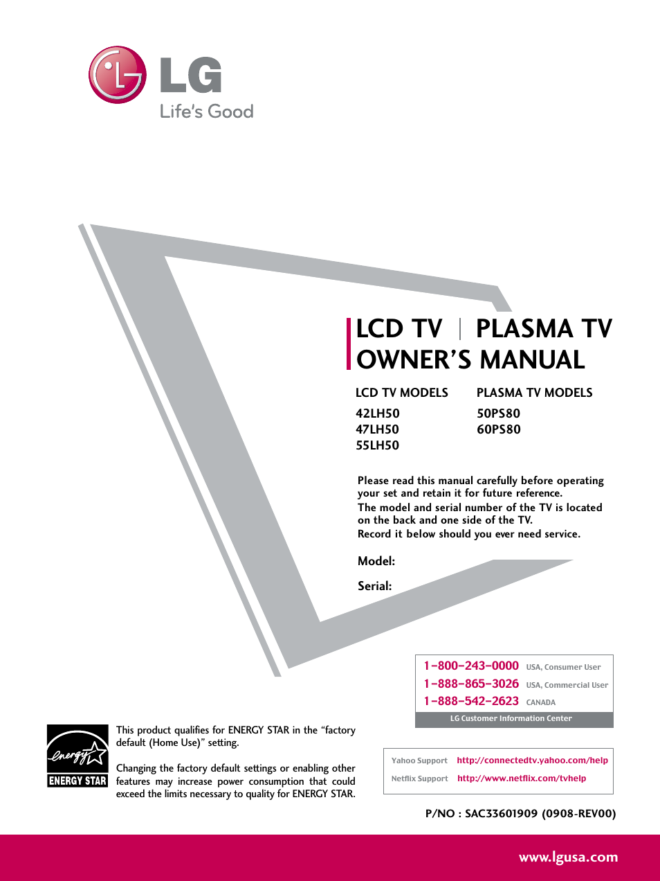 Cover, Lcd tv plasma tv owner’s manual | LG 50PS80 User Manual | Page 2 / 195