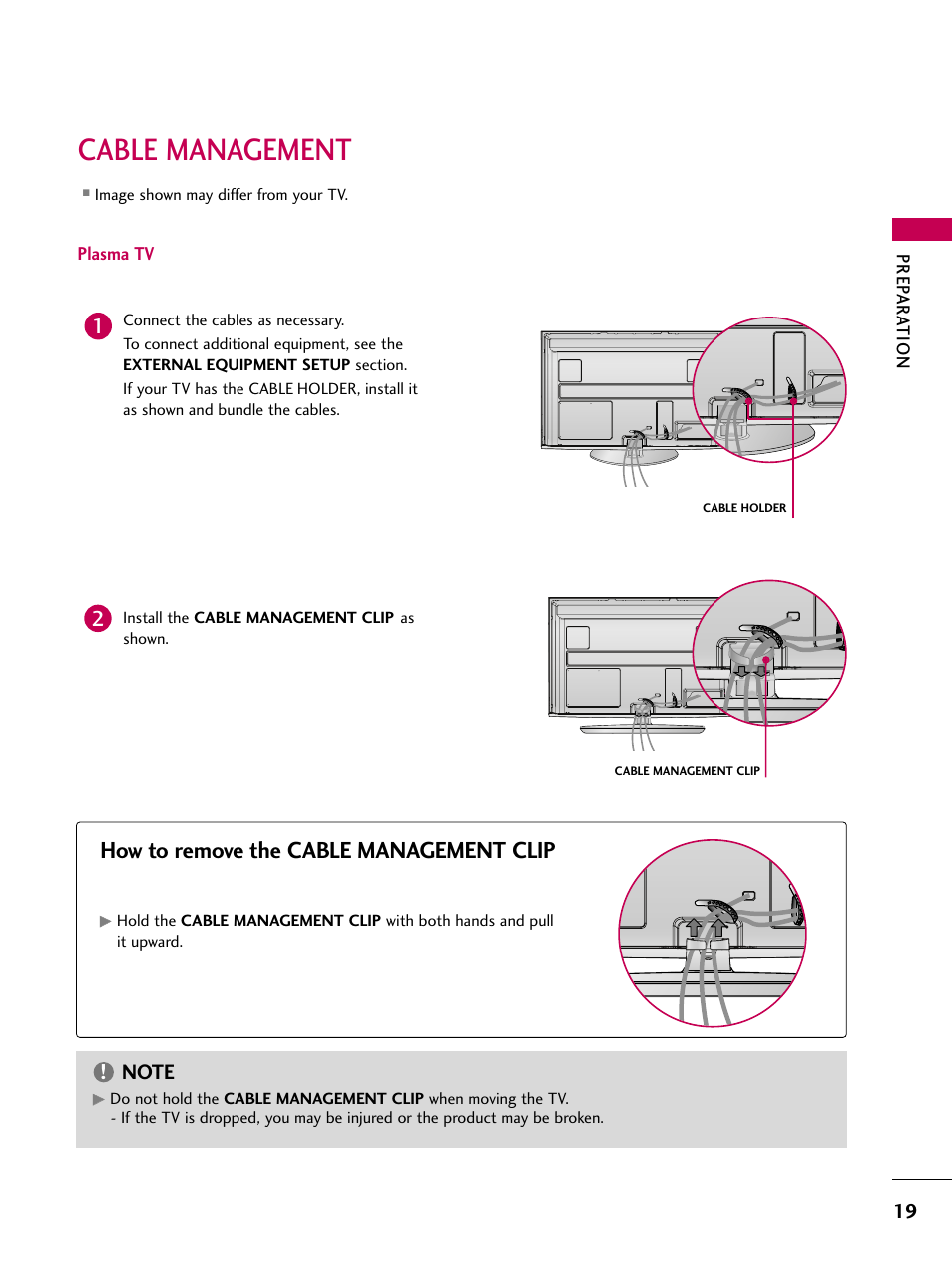 Cable management, How to remove the cable management clip | LG 50PS80 User Manual | Page 20 / 195
