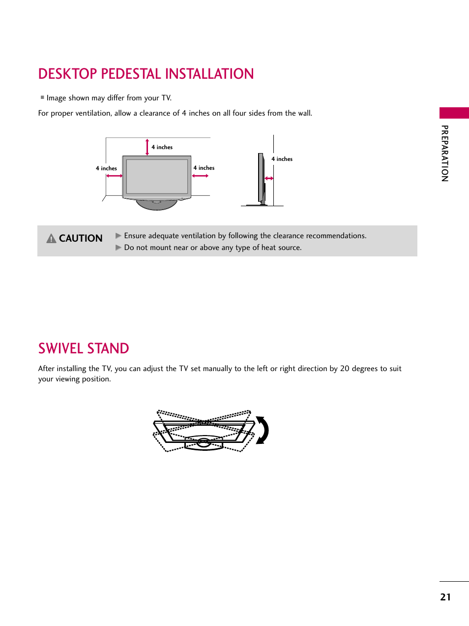 Desktop pedestal installation, Swivel stand, Desktop pedestal installation swivel stand | Caution | LG 50PS80 User Manual | Page 22 / 195