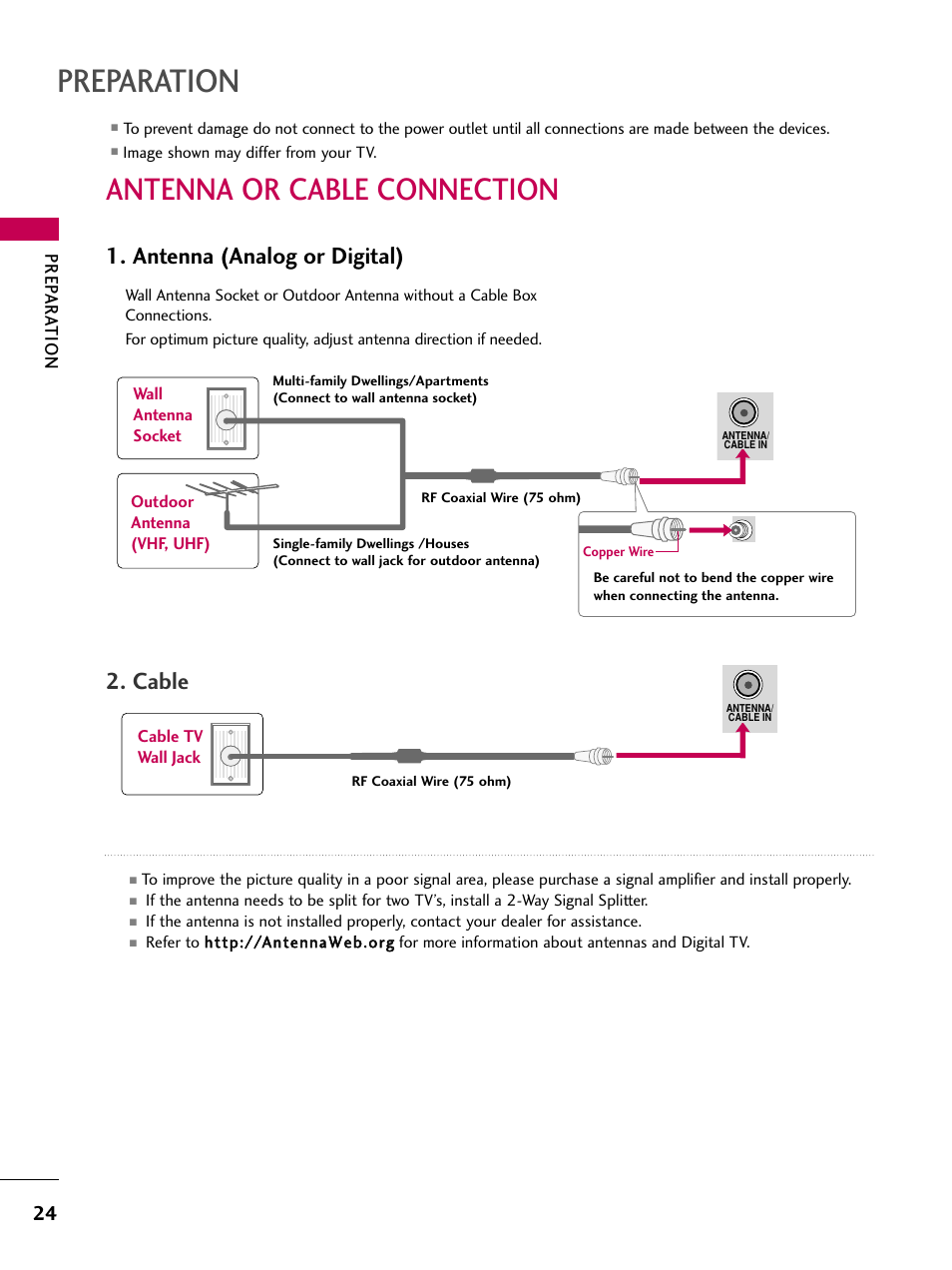 Antenna or cable connection, Preparation, Antenna (analog or digital) | Cable, Prep ar ation | LG 50PS80 User Manual | Page 25 / 195