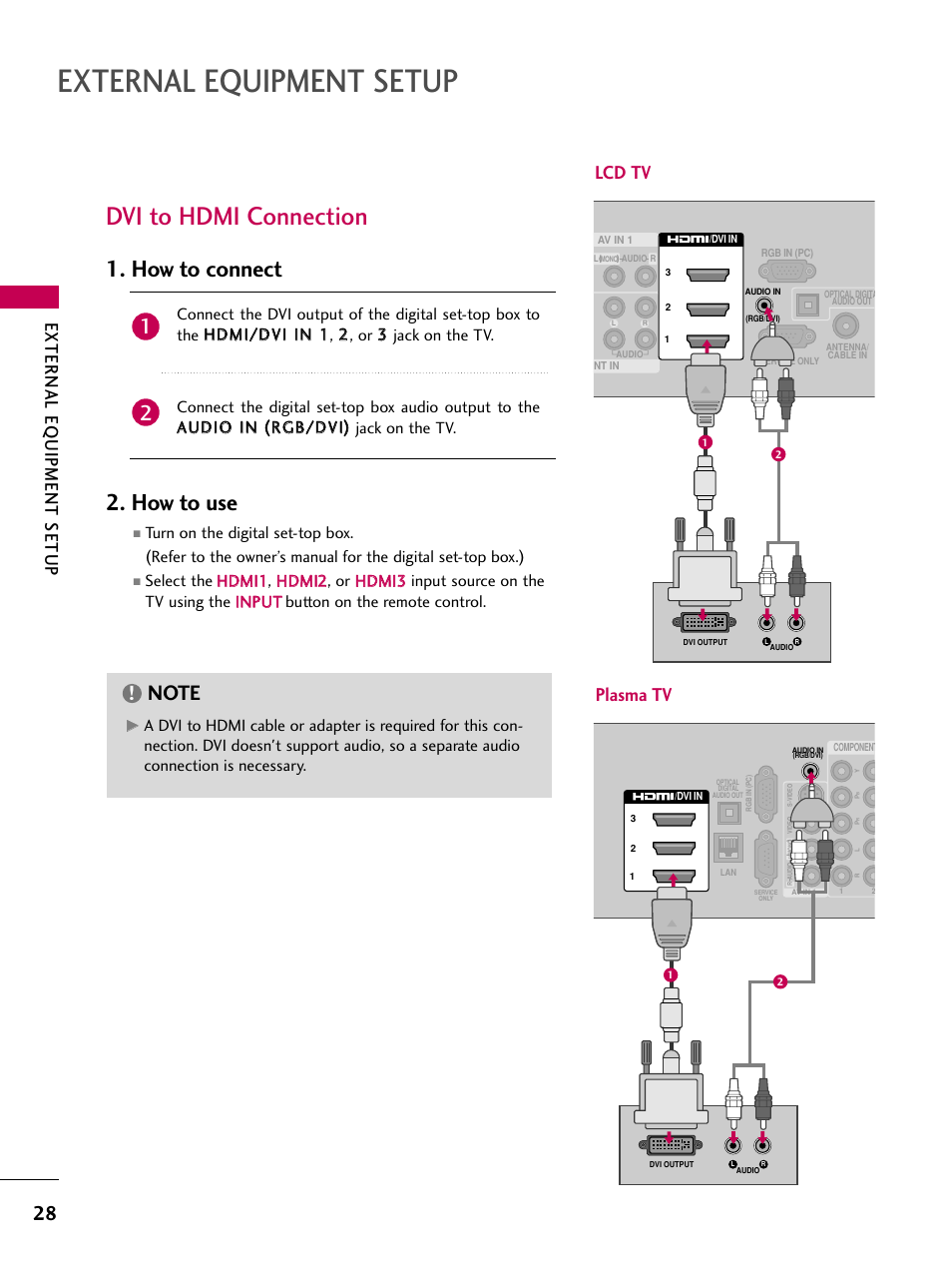 Dvi to hdmi connection, External equipment setup, How to connect 2. how to use | External eq uipment setup, Lcd tv plasma tv | LG 50PS80 User Manual | Page 29 / 195