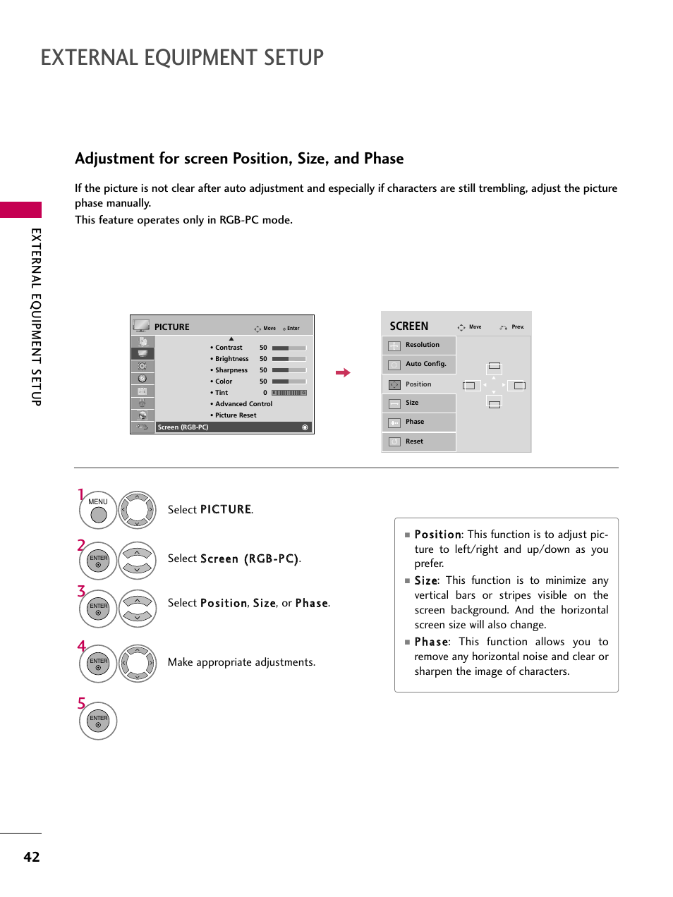 External equipment setup, Adjustment for screen position, size, and phase, External eq uipment setup | LG 50PS80 User Manual | Page 43 / 195