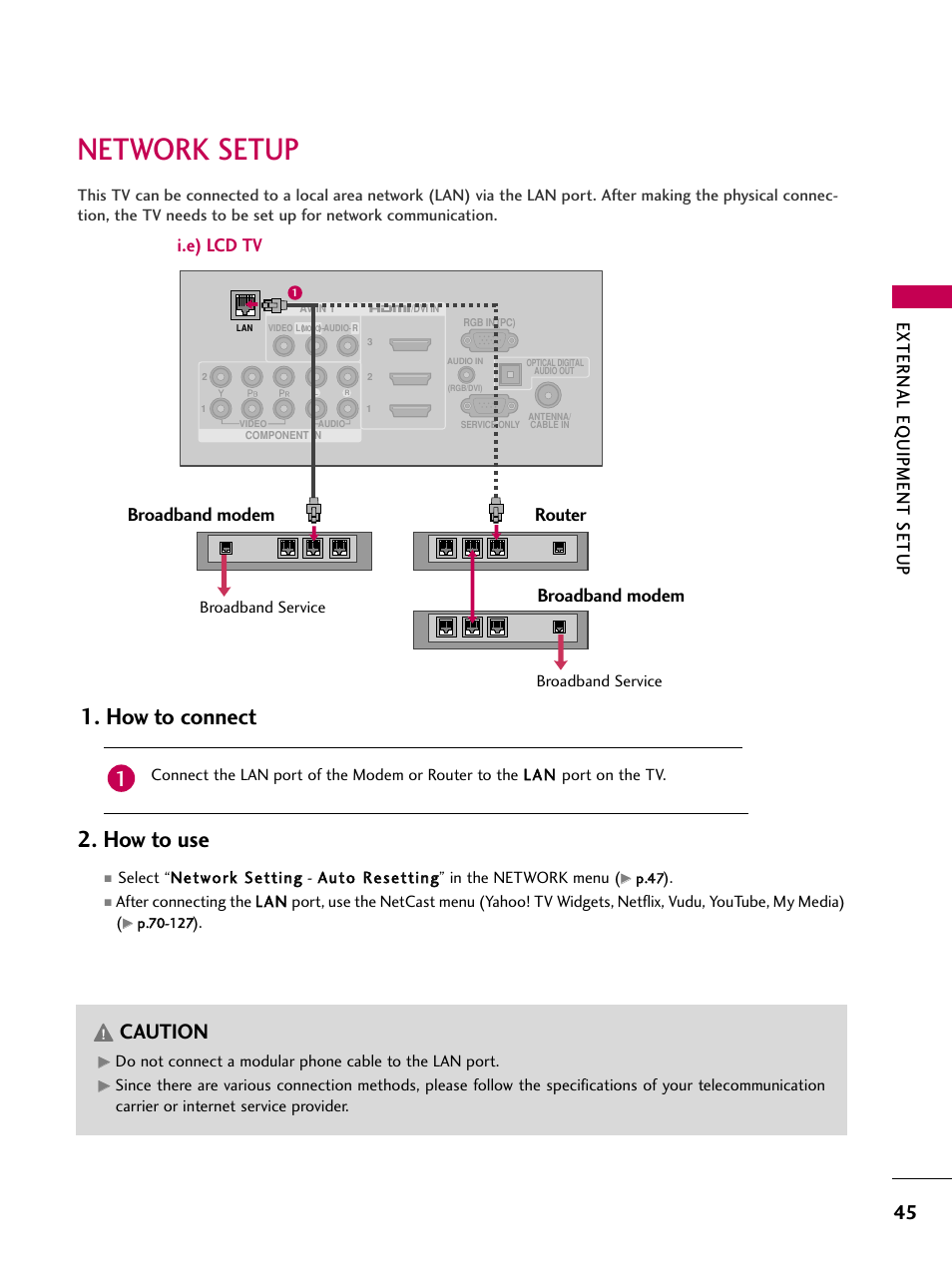 Network setup, How to connect, How to use | Caution, External eq uipment setup, I.e) lcd tv, Broadband modem, Broadband modem router | LG 50PS80 User Manual | Page 46 / 195