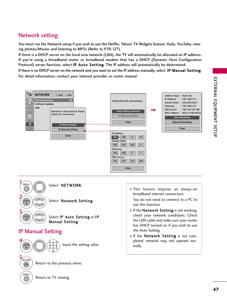 Network setting, Ip manual setting, External eq uipment setup | Input the setting value, Return to the previous menu, Return to tv viewing | LG 50PS80 User Manual | Page 48 / 195