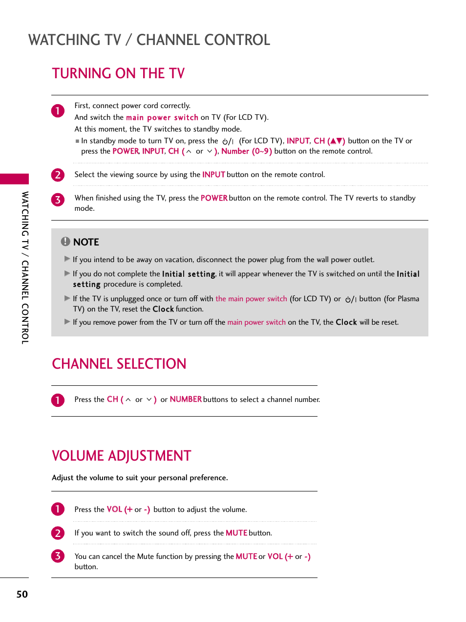 Turning on the tv, Channel selection, Volume adjustment | Watching tv / channel control, Volume adjustment channel selection | LG 50PS80 User Manual | Page 51 / 195