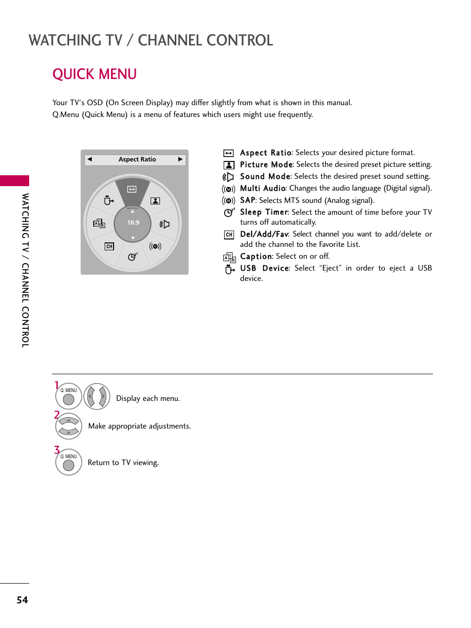Quick menu, Watching tv / channel control | LG 50PS80 User Manual | Page 55 / 195