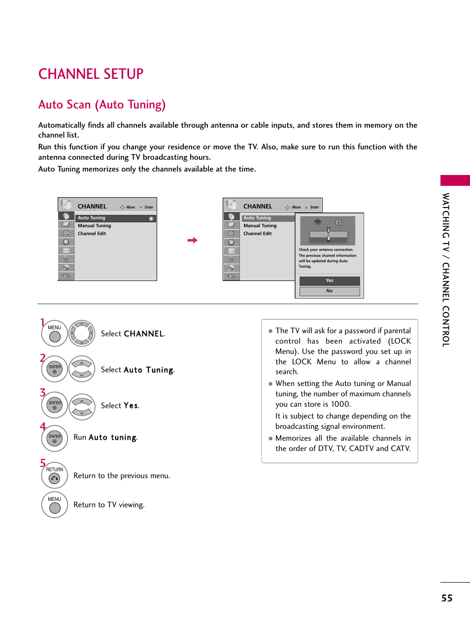 Channel setup, Auto scan (auto tuning), Watching tv / channel contr ol | LG 50PS80 User Manual | Page 56 / 195