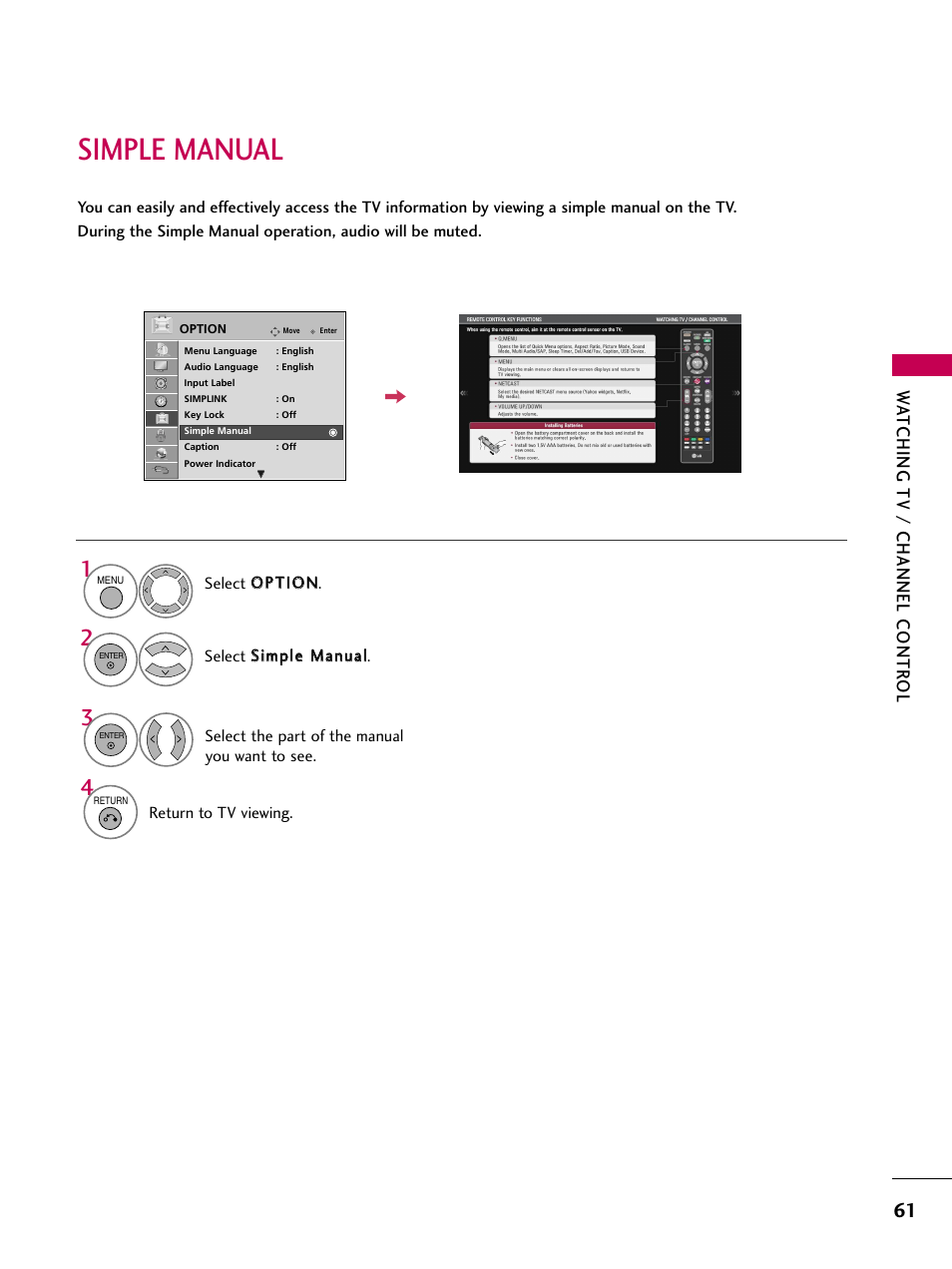 Simple manual, Watching tv / channel contr ol | LG 50PS80 User Manual | Page 62 / 195