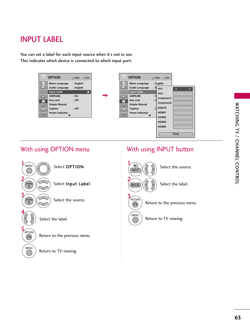 Input label, With using option menu, With using input button | Watching tv / channel contr ol | LG 50PS80 User Manual | Page 64 / 195