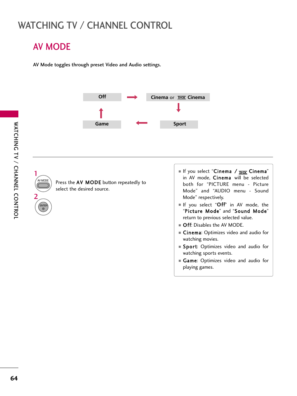 Av mode, Watching tv / channel control | LG 50PS80 User Manual | Page 65 / 195