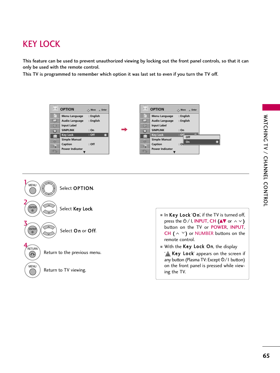 Key lock, Watching tv / channel contr ol | LG 50PS80 User Manual | Page 66 / 195