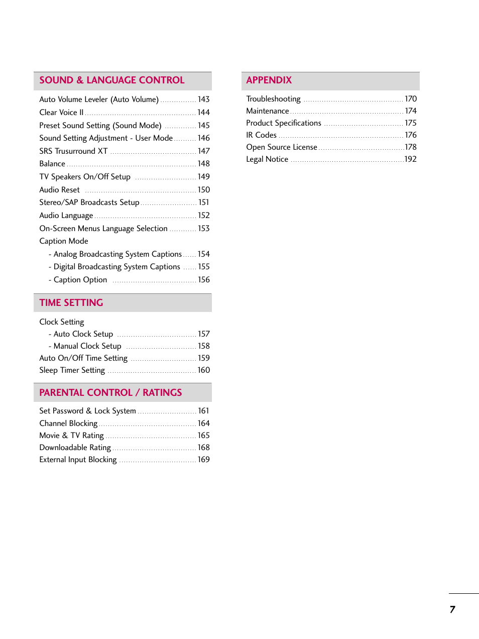 7sound & language control, Time setting, Parental control / ratings | Appendix | LG 50PS80 User Manual | Page 8 / 195