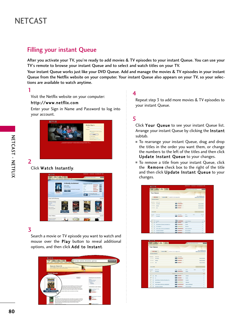 Filling your instant queue, Netcast | LG 50PS80 User Manual | Page 81 / 195