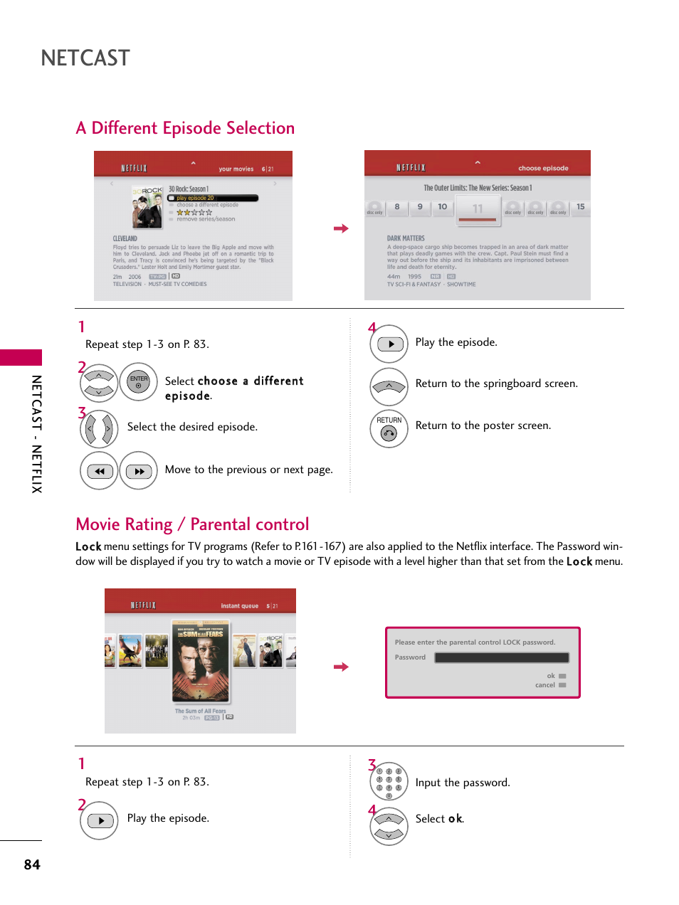 A different episode selection, Movie rating / parental control, Netcast | Netcas t - netflix | LG 50PS80 User Manual | Page 85 / 195