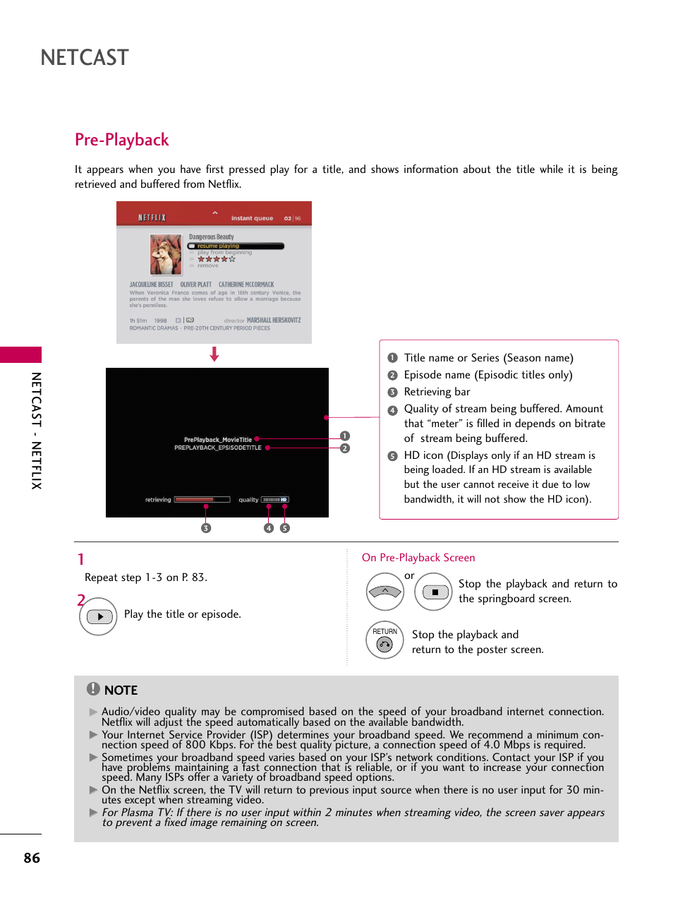 Pre-playback, Netcast, Netcas t - netflix | LG 50PS80 User Manual | Page 87 / 195