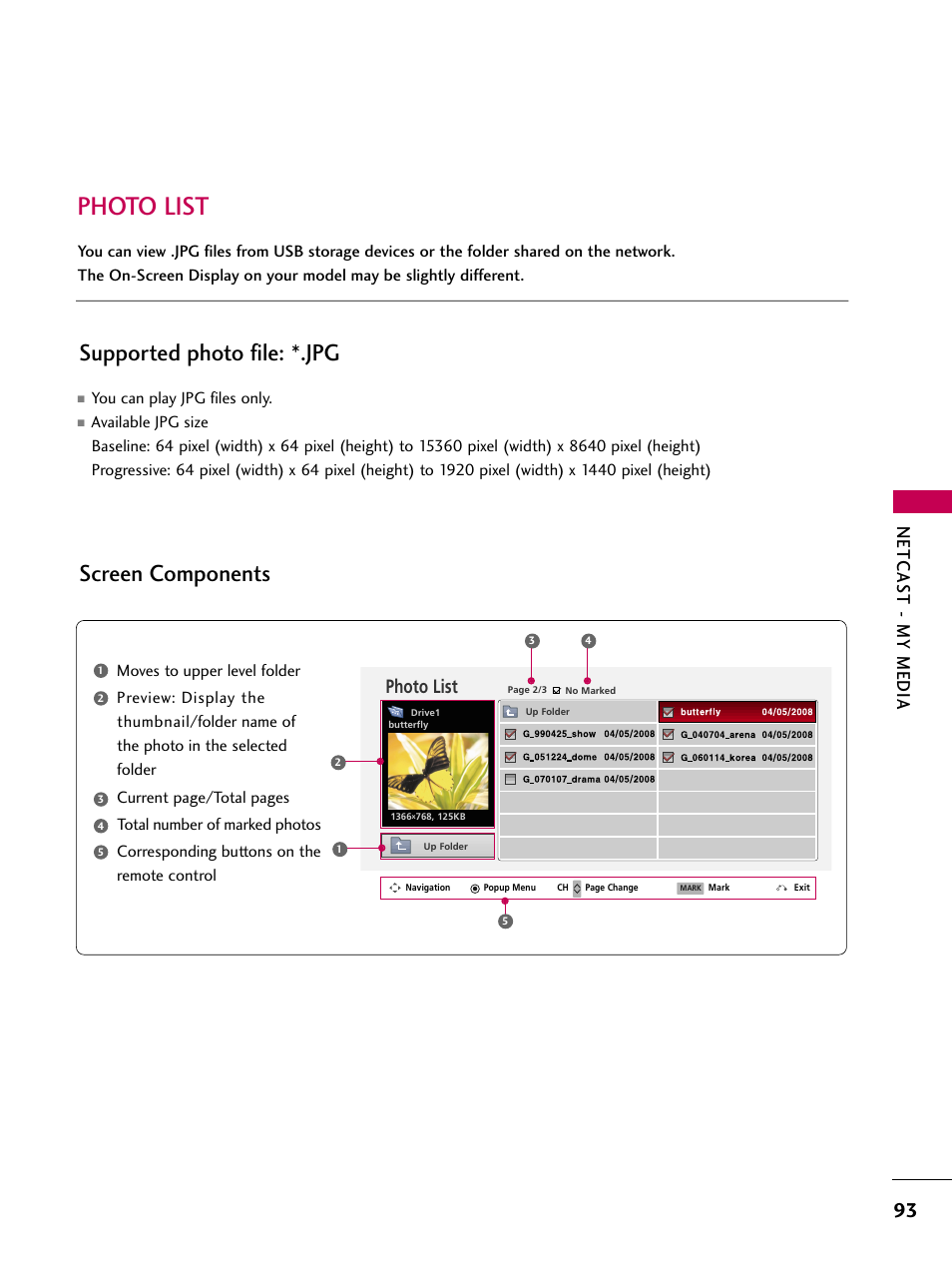 Photo list, Supported photo file: *.jpg, Screen components | Supported photo file: *.jpg screen components, Netcas t - my media | LG 50PS80 User Manual | Page 94 / 195