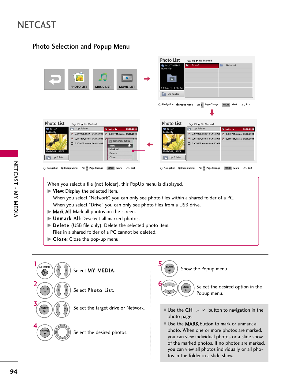 Photo selection and popup menu, Netcast, Netcas t - my media | LG 50PS80 User Manual | Page 95 / 195