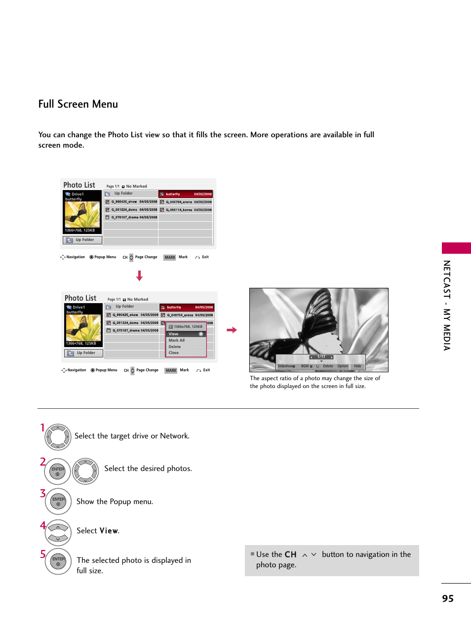 Full screen menu, Netcas t - my media, Photo list | LG 50PS80 User Manual | Page 96 / 195