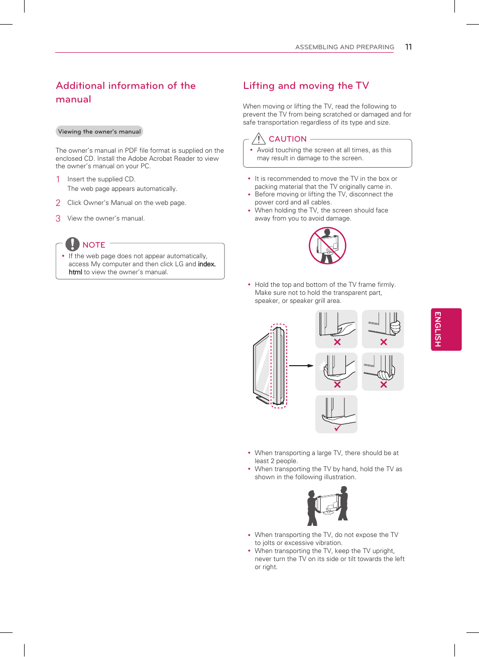 Lifting and moving the tv, Additional information of the manual | LG 60PN5300 User Manual | Page 11 / 44