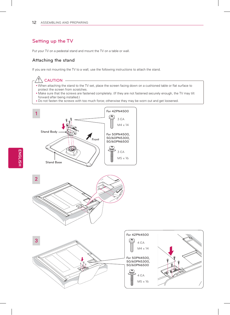 Setting up the tv, Attaching the stand | LG 60PN5300 User Manual | Page 12 / 44