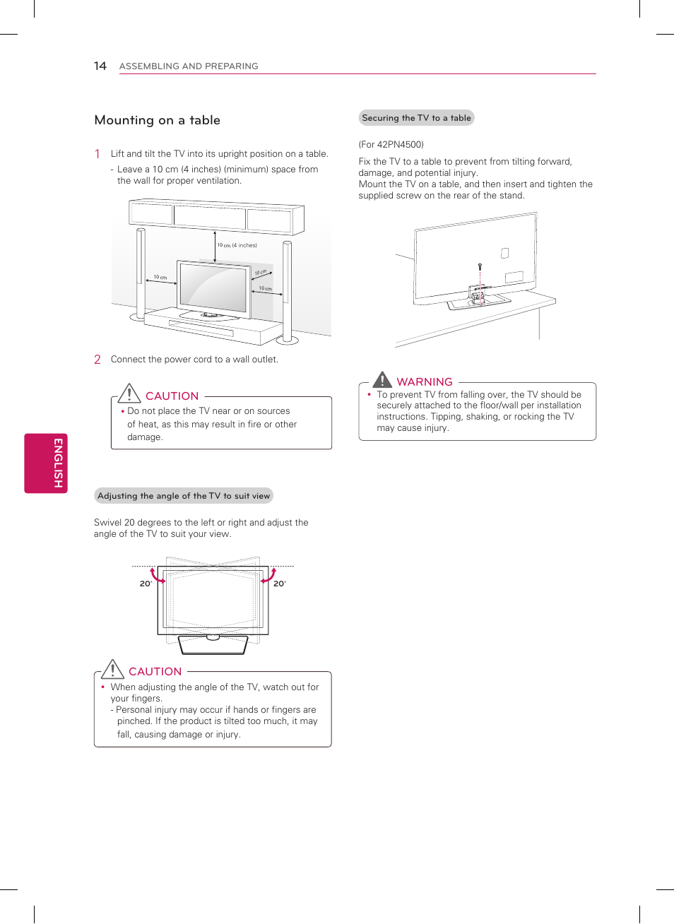Mounting on a table | LG 60PN5300 User Manual | Page 14 / 44