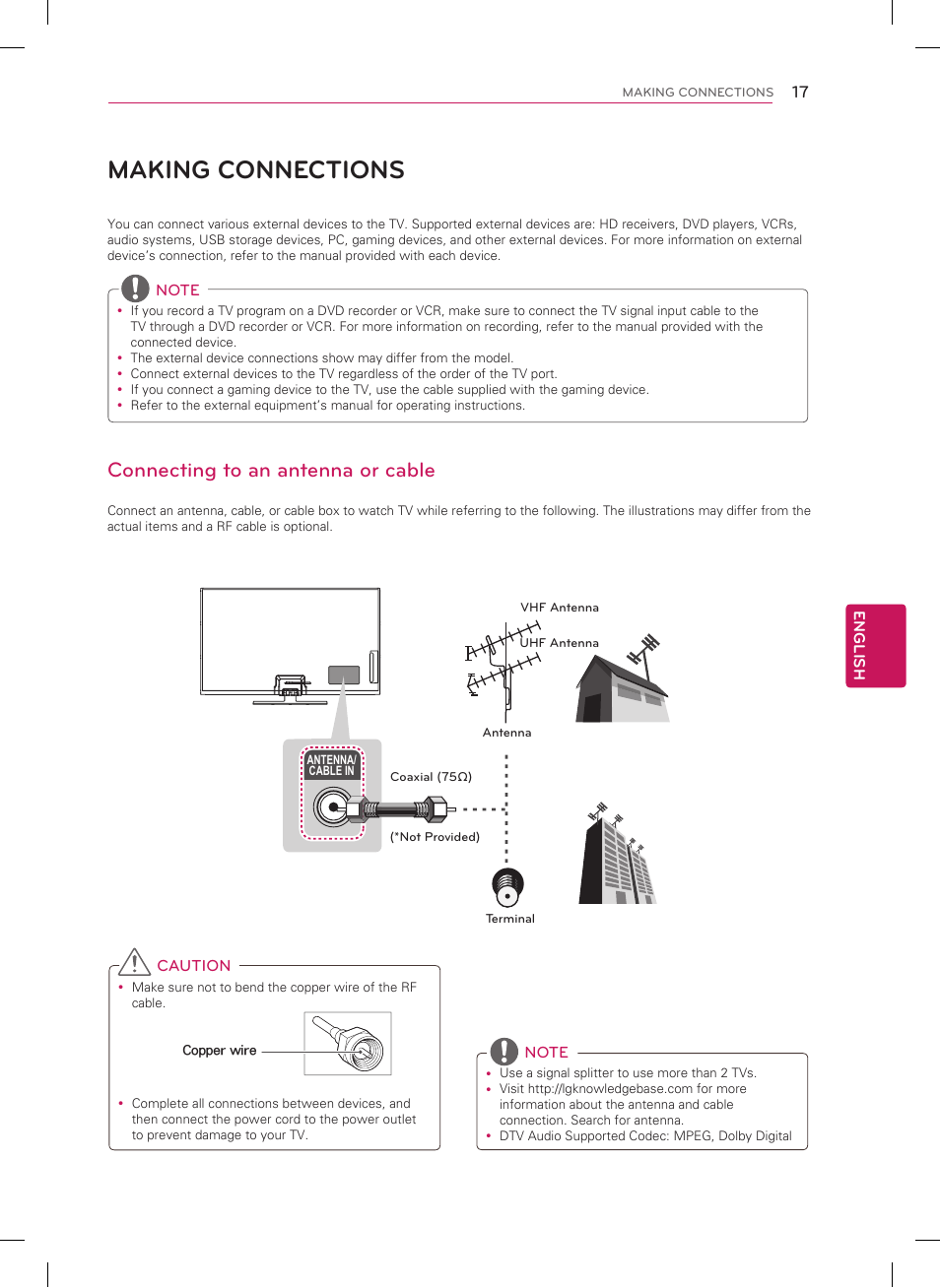 Making connections, Connecting to an antenna or cable, Tidying cables | LG 60PN5300 User Manual | Page 17 / 44
