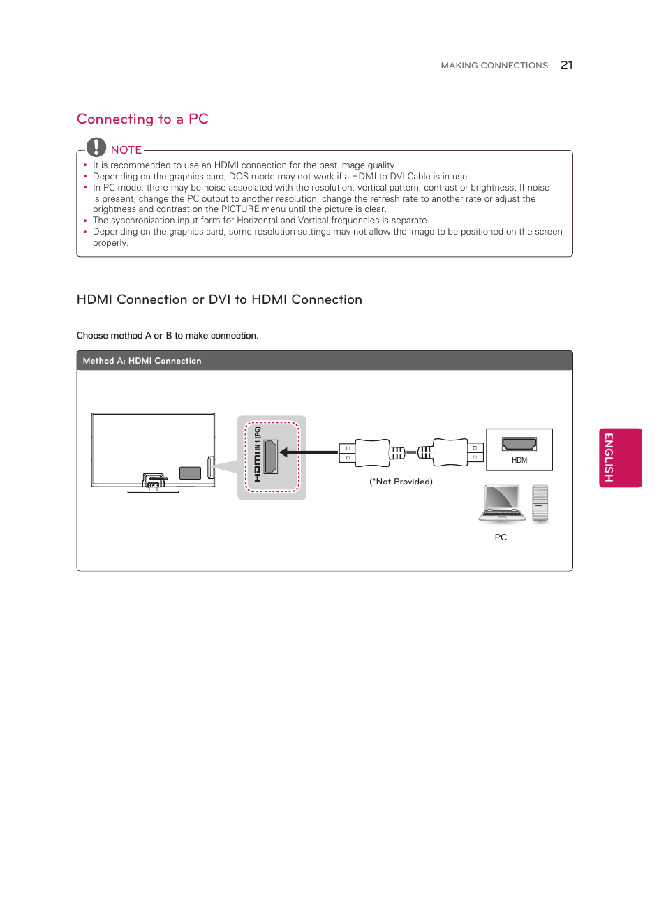 Connecting to a pc, Hdmi connection or dvi to hdmi connection, English | LG 60PN5300 User Manual | Page 21 / 44