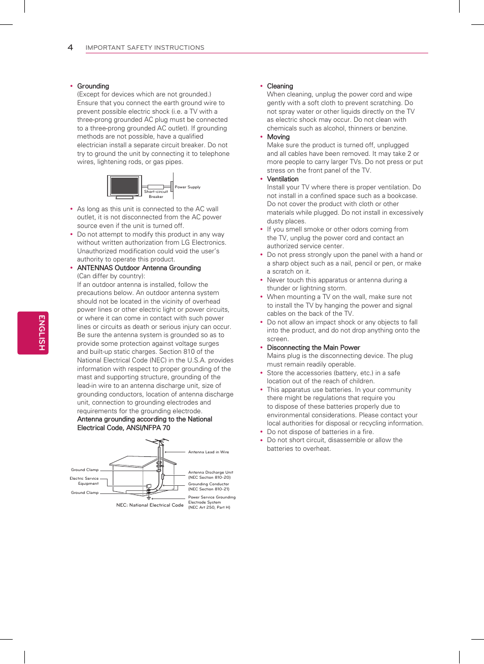 Short-circuit breaker power supply, English | LG 60PN5300 User Manual | Page 4 / 44