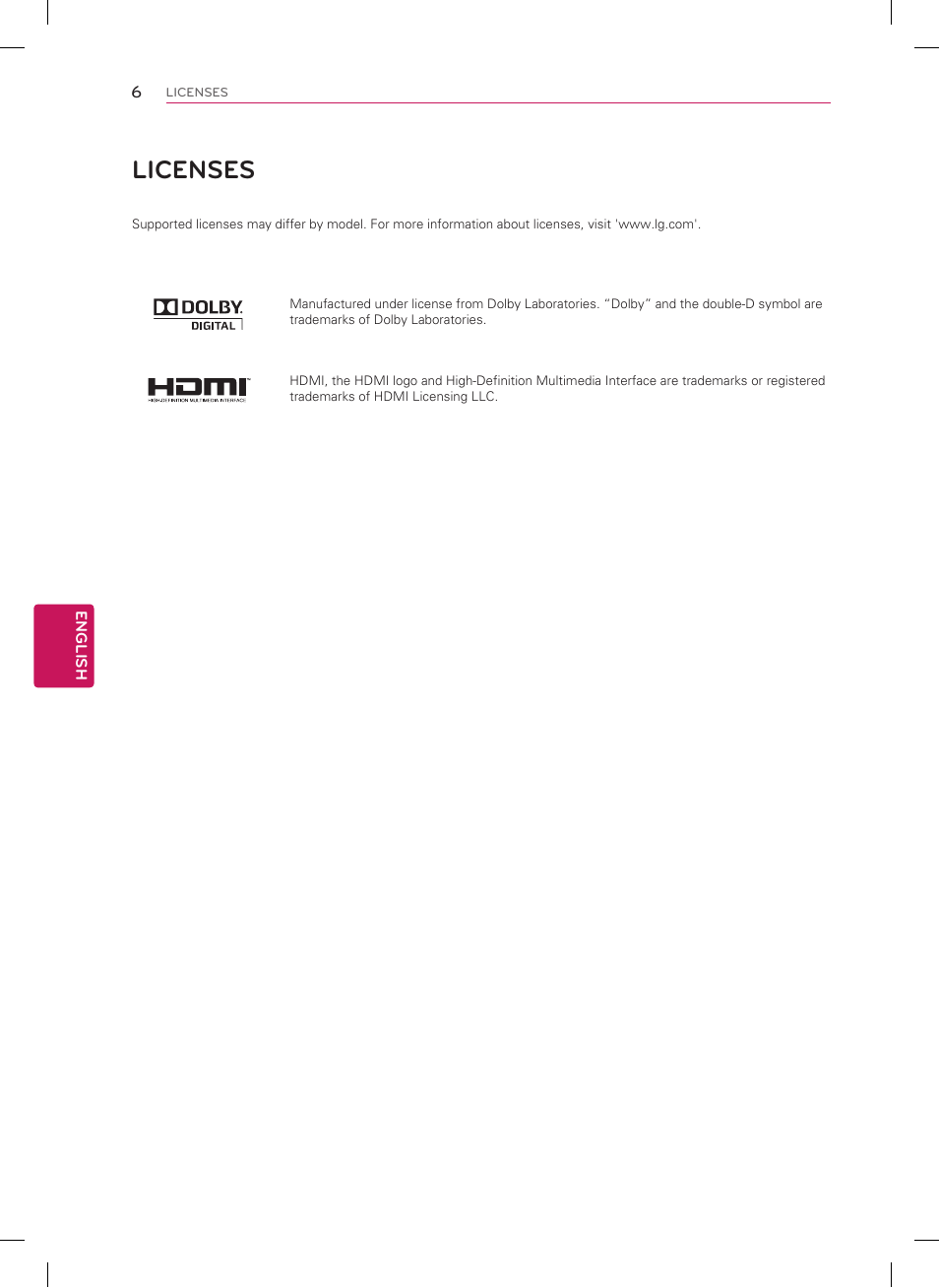 Licenses | LG 60PN5300 User Manual | Page 6 / 44