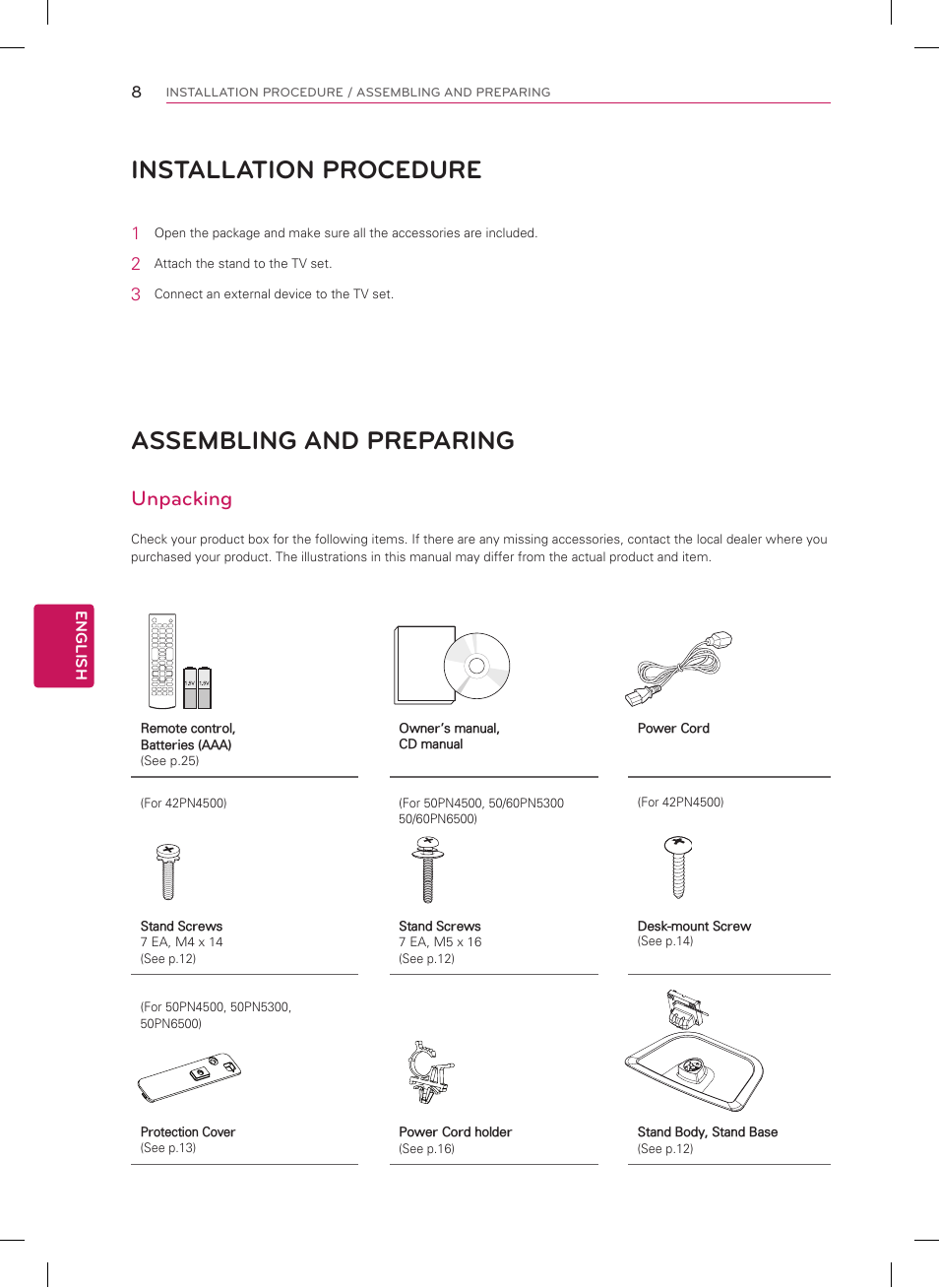 Assembling and preparing, Installation procedure, Unpacking | LG 60PN5300 User Manual | Page 8 / 44