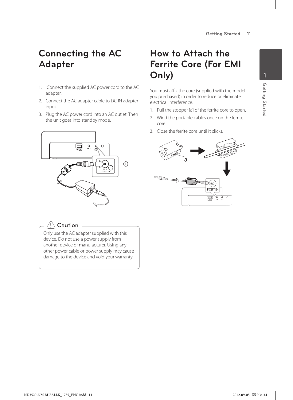 Connecting the ac adapter, How to attach the ferrite core (for emi only) | LG ND3520 User Manual | Page 11 / 24