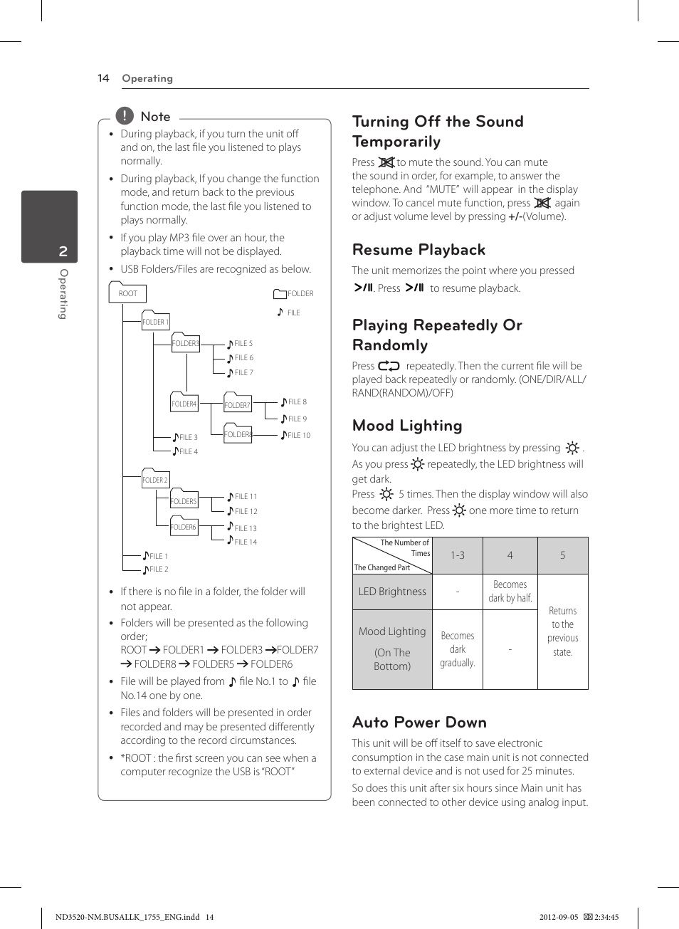 Turning off the sound temporarily, Resume playback, Playing repeatedly or randomly | Mood lighting, Auto power down | LG ND3520 User Manual | Page 14 / 24