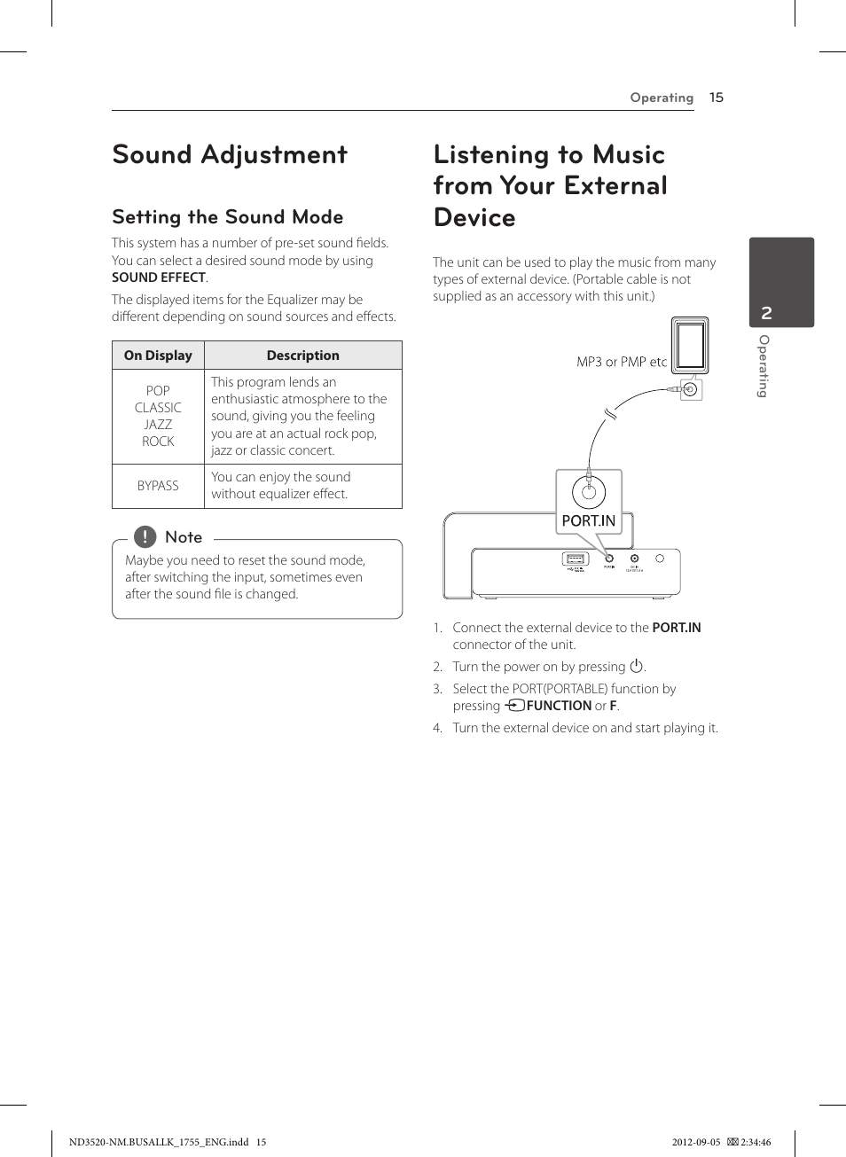 Sound adjustment, Setting the sound mode, Listening to music from your external device | 15 – setting the sound mode 15 | LG ND3520 User Manual | Page 15 / 24