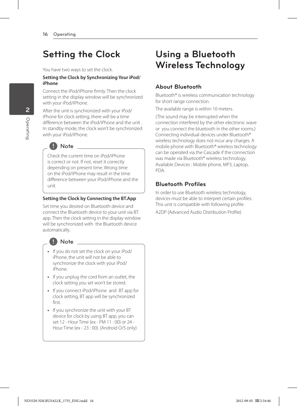 Setting the clock, Using a bluetooth wireless technology | LG ND3520 User Manual | Page 16 / 24