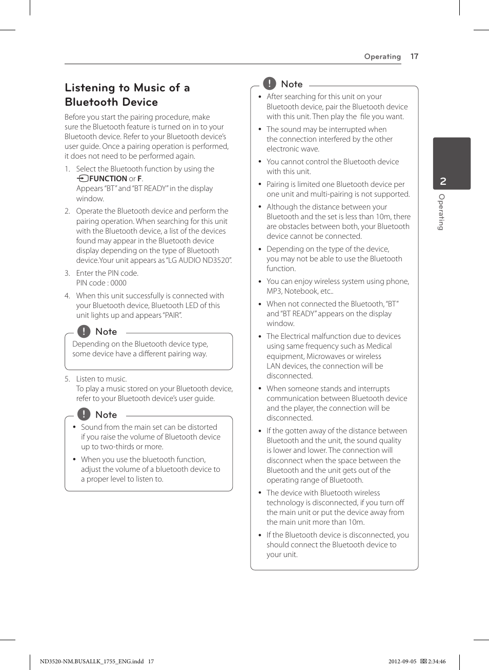 Listening to music of a bluetooth device | LG ND3520 User Manual | Page 17 / 24