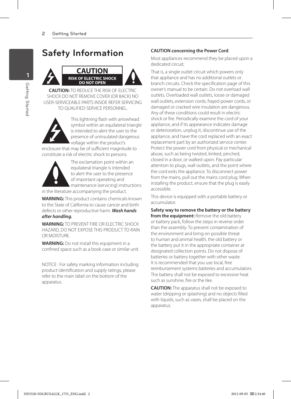 1 getting started, Safety information, Caution | LG ND3520 User Manual | Page 2 / 24
