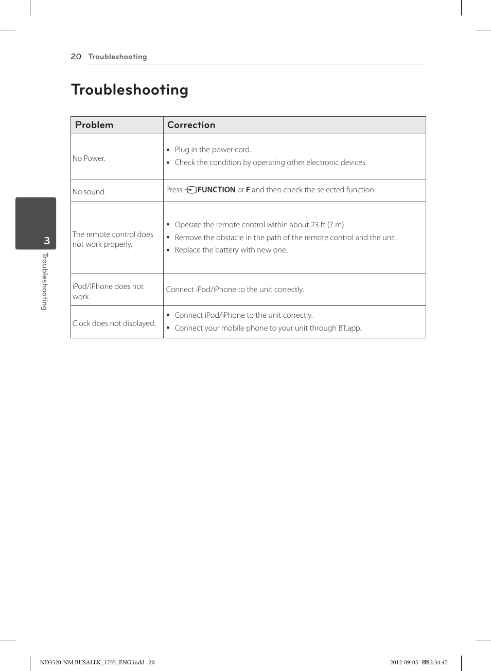 3 troubleshooting, Troubleshooting, 20 troubleshooting | LG ND3520 User Manual | Page 20 / 24