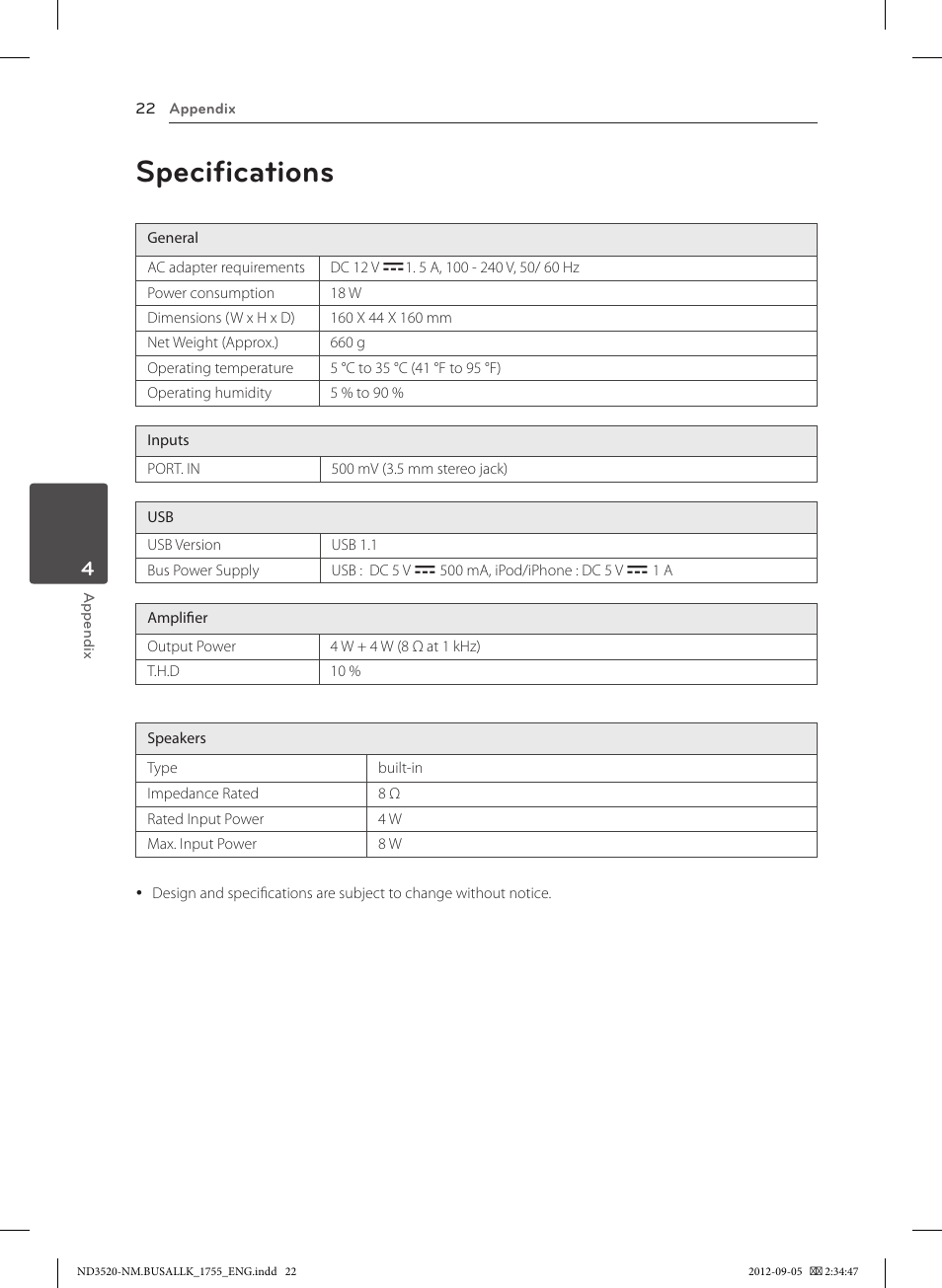 Specifications, 22 specifications | LG ND3520 User Manual | Page 22 / 24