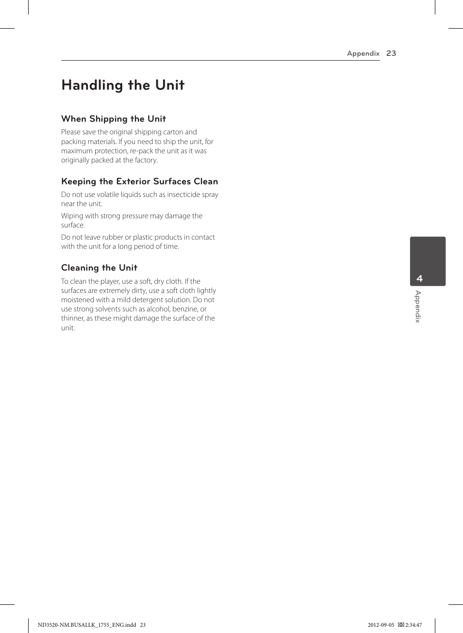Handling the unit, 23 handling the unit | LG ND3520 User Manual | Page 23 / 24